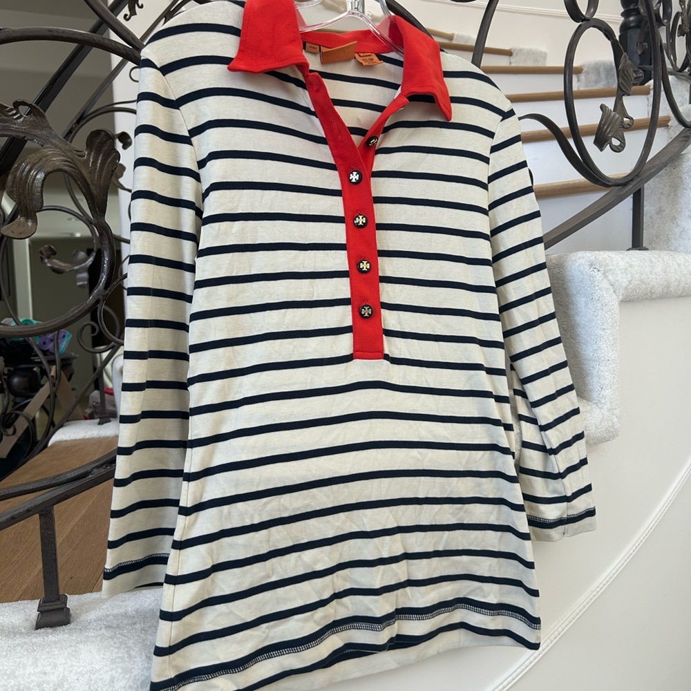 Tory Burch Orange and Navy Striped Polo